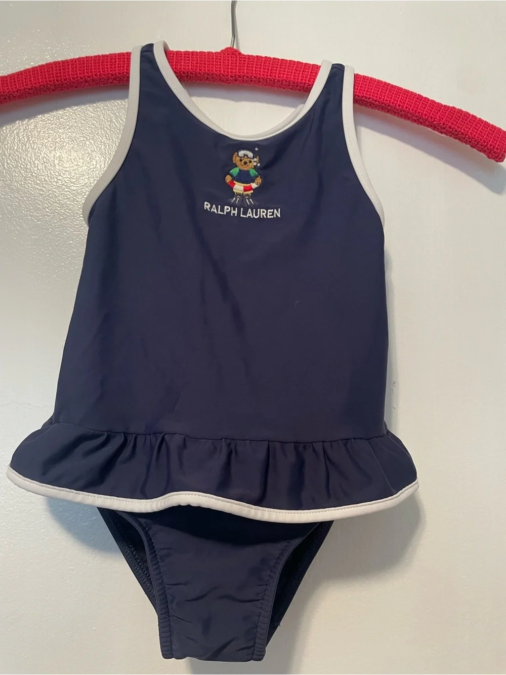 Ralph Lauren Navy One-Piece Swim with White Trim and Bear Embroidery